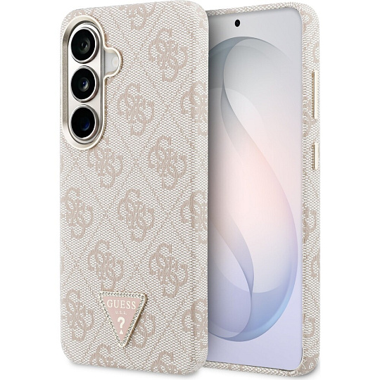 Guess PU Leather 4G Strass Triangle Logo Gold Frame Magnetic kryt Samsung Galaxy S26 růžový