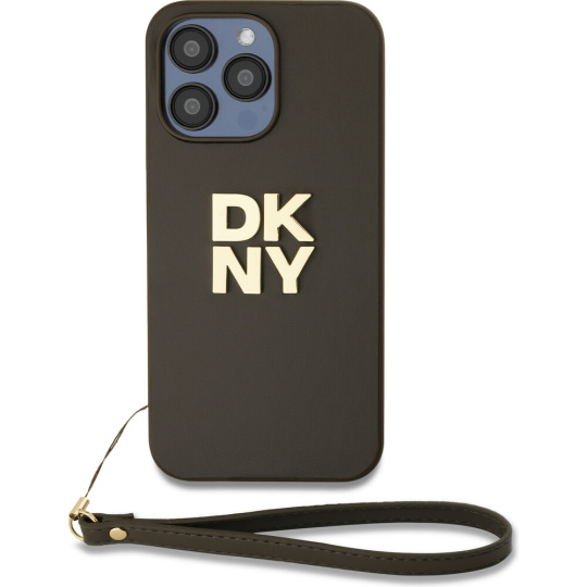 DKNY PU Leather Stack Logo Wrist Strap kryt iPhone 15 Pro Max hnědý