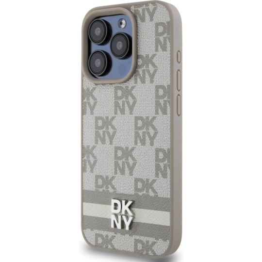 DKNY PU Leather Checkered Pattern and Stripe kryt iPhone 14 Pro béžový