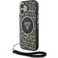 Guess IML Leopard Triangle Logo Strap MagSafe kryt iPhone 16 hnědý