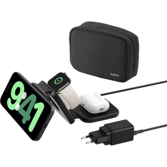 Belkin BOOST CHARGE PRO Qi2/MagSafe 3v1 bezdrátová skládací cestovní nabíječka černá (CZ adaptér)