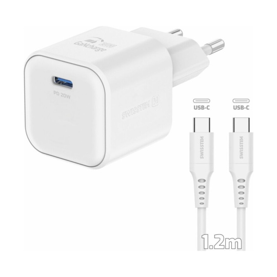 Swissten síťový adaptér GaN 1x USB-C 20W PD + datový kabel USB-C/USB-C 1,2 m bílý