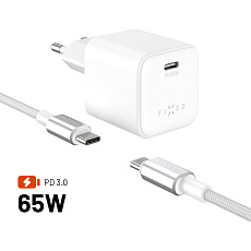 FIXED Mini set síťové GaN nabíječky s USB-C výstupem a USB-C/USB-C kabelem, PD, 65W, (2m) bílý