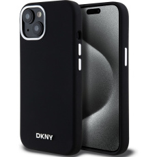 DKNY Liquid Silicone Silver Metal Logo Magsafe kryt iPhone 15 černý