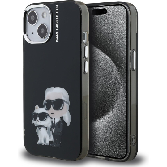 Karl Lagerfeld IML Aquarelle Karl and Choupette kryt iPhone 15 černý