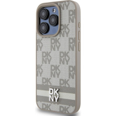 DKNY PU Leather Checkered Pattern and Stripe kryt iPhone 15 Pro Max béžový