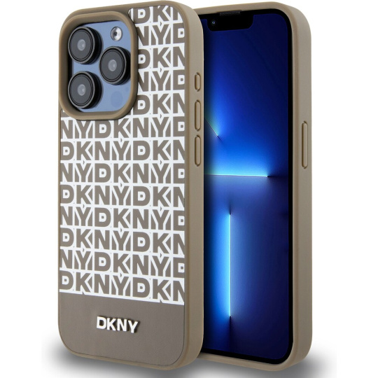 DKNY PU Leather Repeat Pattern Bottom Stripe kryt iPhone 13 Pro hnědý