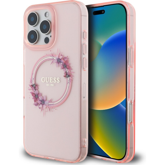 Guess IML Flowers Ring MagSafe kryt pro iPhone 16 Pro Max růžový