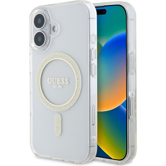 Guess IML Glitter Ring MagSafe kryt pro iPhone 16 čirý