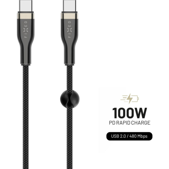 FIXED opletený kabel USB-C/USB-C (PD), 1.2m, USB 2.0, 100W, černý