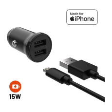 FIXED set autonabíječky s 2xUSB výstupem a USB/Lightning kabelem, 1 metr, Mfi, 15W černý