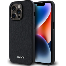 DKNY PU Leather Silver Metal Logo Magsafe kryt iPhone 14 Pro černý