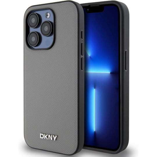 DKNY PU Leather Silver Metal Logo Magsafe kryt iPhone 14 Pro Max šedý