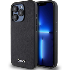 DKNY PU Leather Silver Metal Logo Magsafe kryt iPhone 15 Pro černý