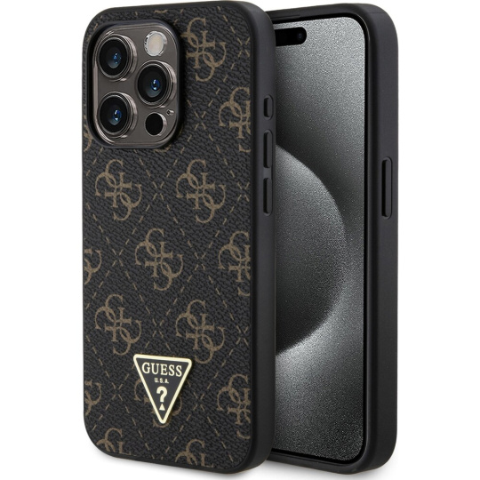 Guess PU Leather 4G Triangle Metal Logo kryt iPhone 15 Pro černý