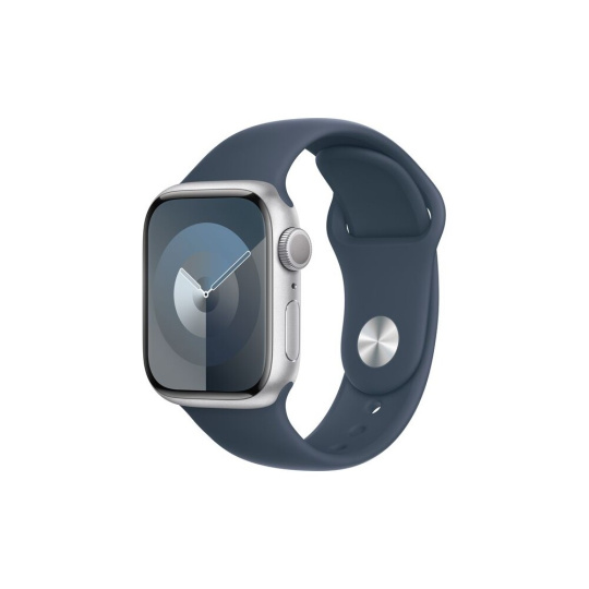 Apple Watch Series 9 41mm Stříbrný hliník s bouřkově modrým sportovním řemínkem S/M