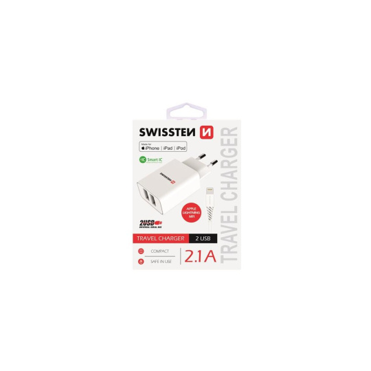 SWISSTEN síťový adaptér 2xUSB, 2,1A, MFi bílý + kabel USB/Lightning