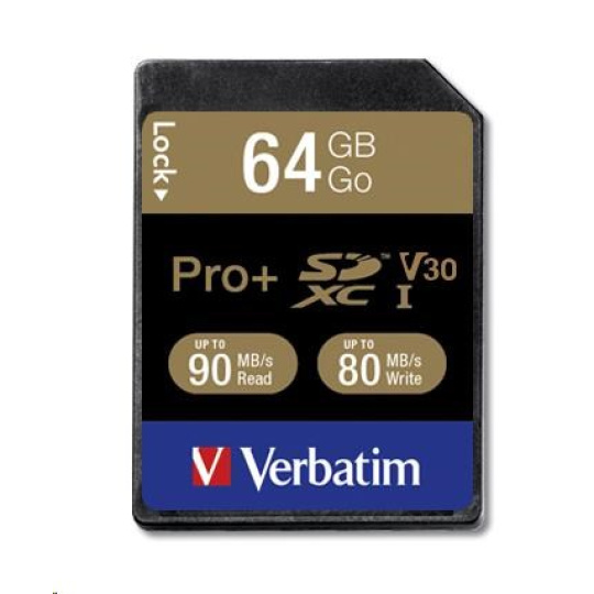 VERBATIM SDXC karta 64GB PRO+ Class 10, UHS-1 (R:90/W:80 MB/s)