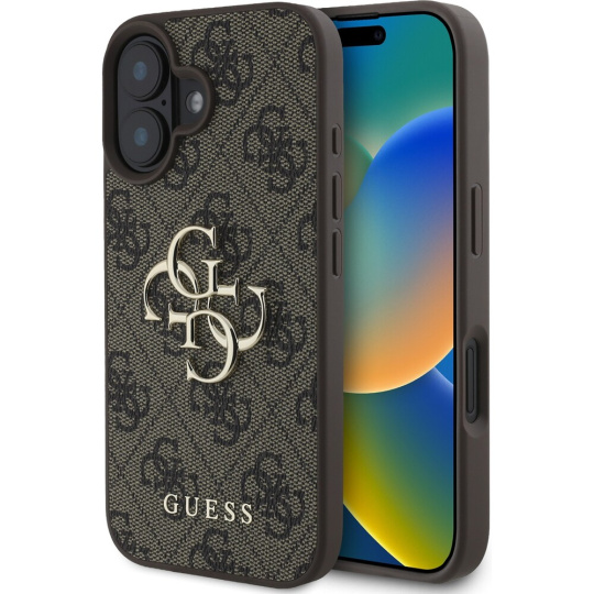 Guess PU 4G Metal Logo kryt pro iPhone 16 hnědý