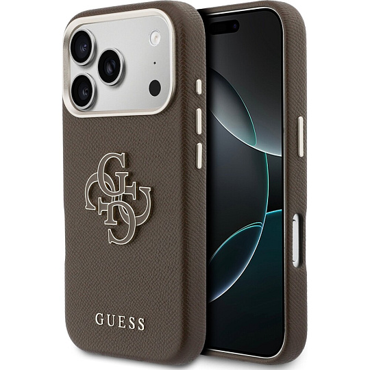 Guess PU Resin Logo kryt iPhone 17 Pro Max hnědý
