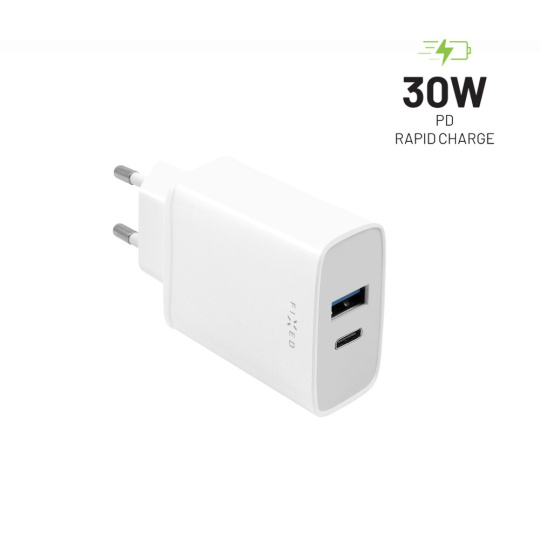 FIXED síťová nabíječka s USB-C/USB výstupem, PD, 30W, bílá