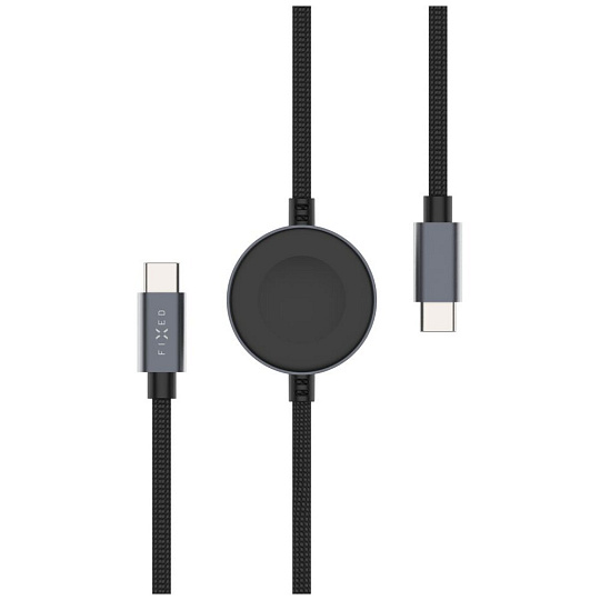 FIXED Power Watch Cable USB-C/USB-C a Apple/Samsung Watch nabíječkou, 1.5m, PD 60W šedý