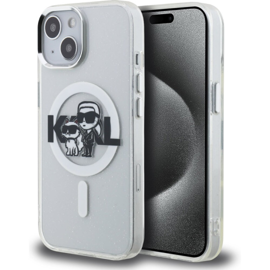 Karl Lagerfeld IML Glitter Karl and Choupette Sketch MagSafe kryt iPhone 15 čirý