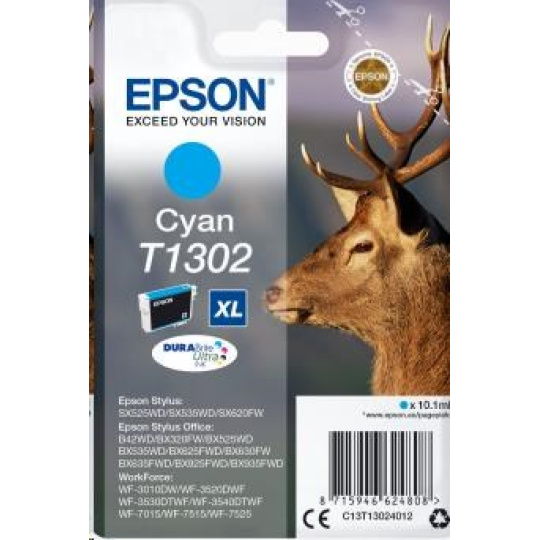 BAZAR - EPSON ink bar Singlepack "Jelen" Cyan T1302 DURABrite Ultra Ink (10,1 ml) - Poškozený obal (Komplet) BAZAR - EPSON ink bar Singlepack "Jelen" Cyan T1302 DURABrite Ultra Ink (10,1 ml) - Poškozený obal (Komplet)
