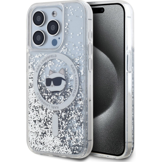 Karl Lagerfeld Liquid Glitter Choupette Head MagSafe zadní kryt pro iPhone 15 Pro Max čirý