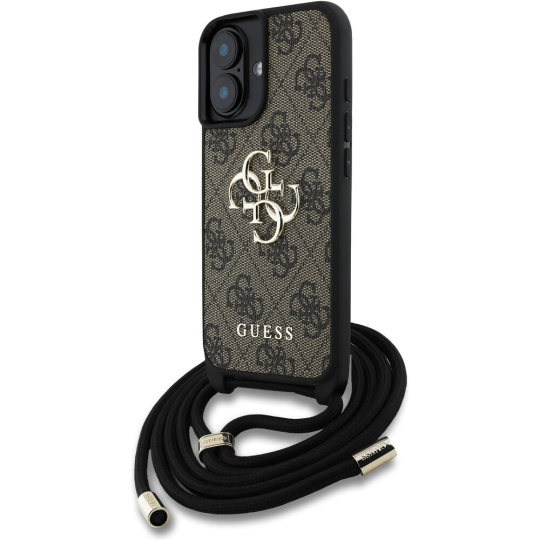 Guess PU 4G Metal Logo Crossbody popruh kryt iPhone 16 hnědý