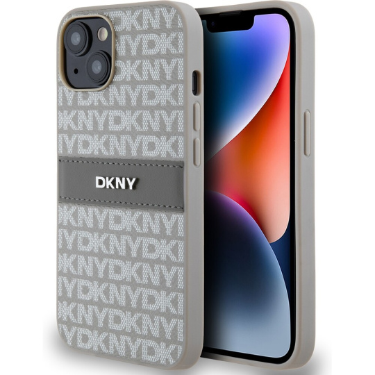 DKNY PU Leather Repeat Pattern Tonal Stripe kryt iPhone 14 béžový