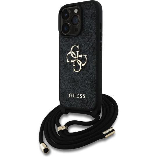 Guess PU 4G Metal Logo Crossbody popruh kryt iPhone 15 Pro Max černý