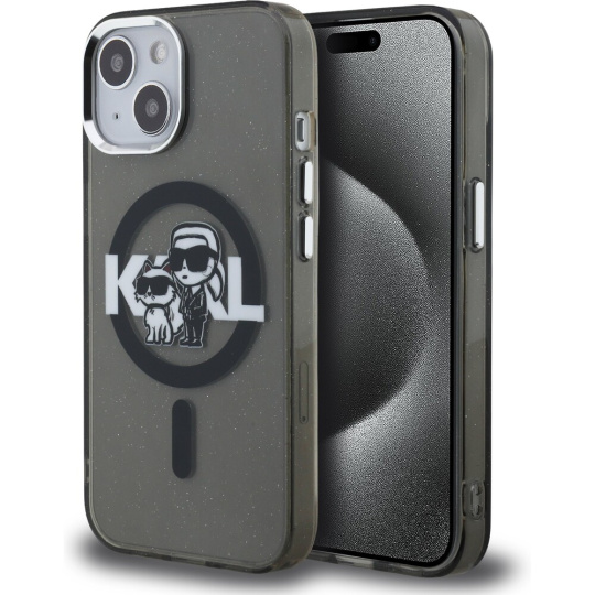 Karl Lagerfeld IML Glitter Karl and Choupette Sketch MagSafe kryt iPhone 15 černý
