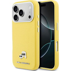 Karl Lagerfeld PU Karl and Choupette Heads Pins MagSafe kryt iPhone 17 Pro žlutý
