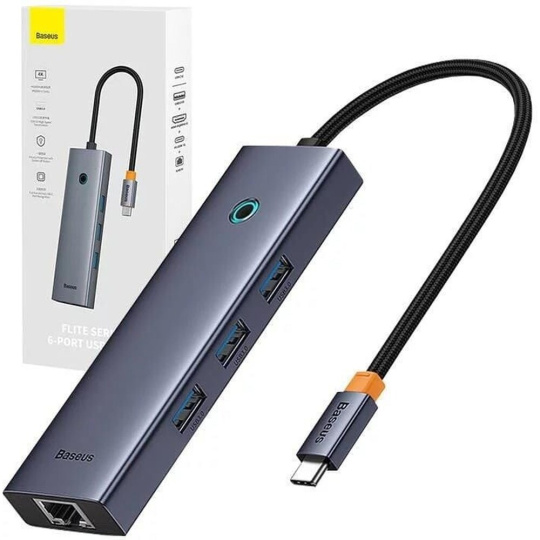 Baseus hub Ultra Joy USB 6v1 (USB-C/1xHDMI4K30Hz/3xUSB 3.0/1xPD/RJ45) šedý Baseus hub Ultra Joy USB 6v1 (USB-C/1xHDMI4K30Hz/3xUSB 3.0/1xPD/RJ45) šedý