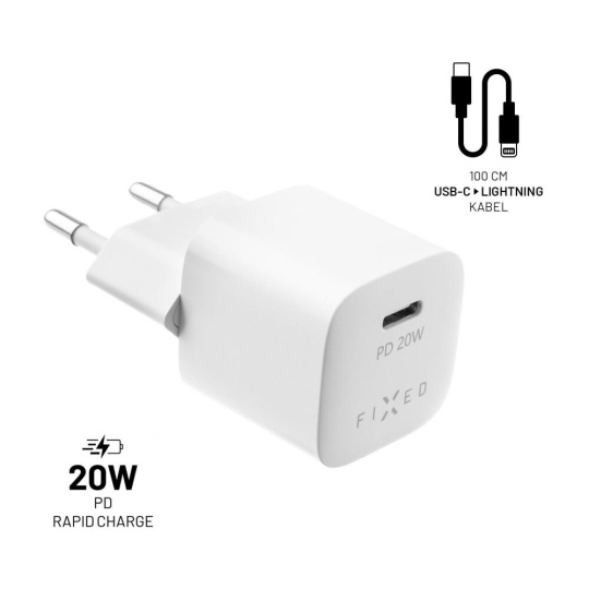 FIXED Mini nabíječka s USB-C a USB-C/Lightning kabelem, PD, 1 m, MFI, 20W, bílá