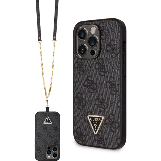 Guess PU 4G Strass Triangle Metal Logo Kryt + Crossbody Popruh iPhone 15 Pro Max černý