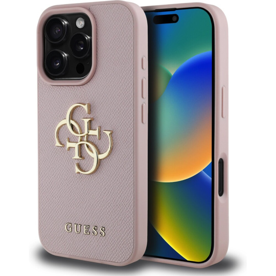 Guess PU Grained 4G Metal Logo kryt iPhone 16 Pro růžový