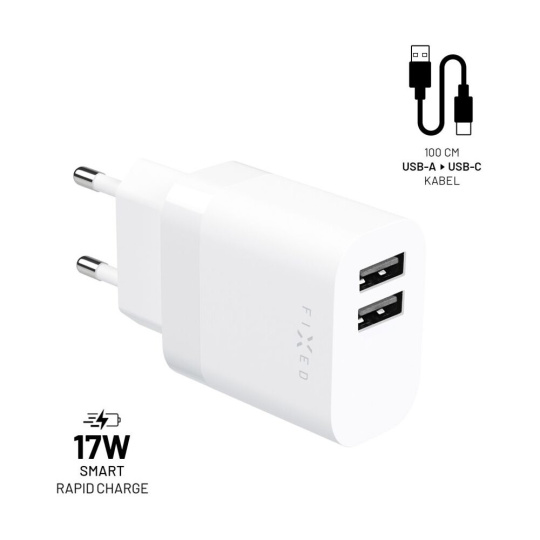 FIXED nabíječka s USB-A/USB-C kabelem, 1 m, 17W, bílá