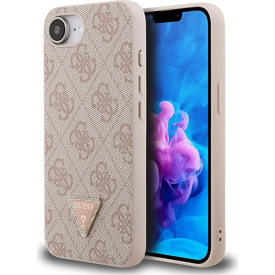 Guess PU 4G Strass Triangle Metal Logo kryt iPhone 17e/16e růžový