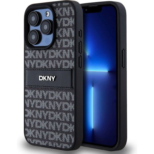 DKNY PU Leather Repeat Pattern Tonal Stripe kryt iPhone 15 Pro černý