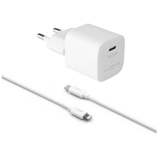 FIXED Mini set síťové nabíječky s USB-C výstupem a USB-C/Lightning kabelu, podpora PD, 1.2 metr, MFI