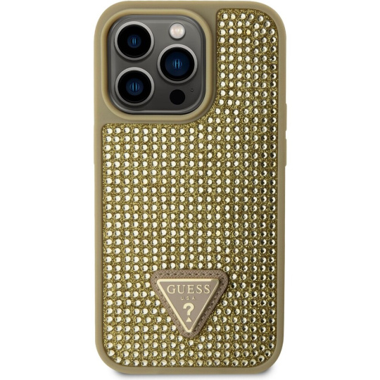 Guess Rhinestones Triangle Metal Logo kryt pro iPhone 14 Pro zlatý