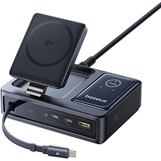 Baseus Nomos Qi2 nabíjecí stanice 140W 3xUSB-C, USB-A s výsuvným kabelem USB-C/síťový kabel 1m černá