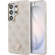 Guess PU Leather 4G Strass Triangle Logo Gold Frame Magnetic kryt Samsung Galaxy S26 Ultra růžový
