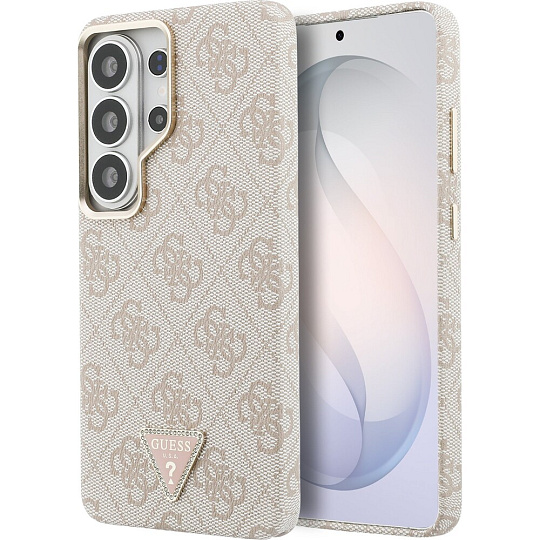 Guess PU Leather 4G Strass Triangle Logo Gold Frame Magnetic kryt Samsung Galaxy S26 Ultra růžový