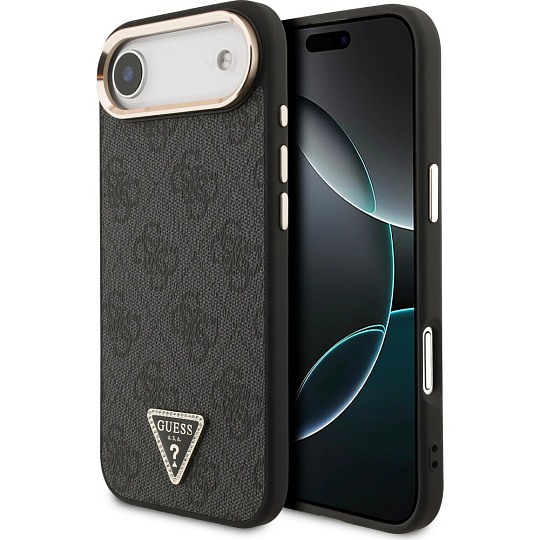 Guess PU Leather 4G Triangle Logo Gold Frame MagSafe kryt iPhone Air černý