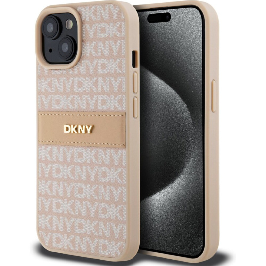 DKNY PU Leather Repeat Pattern Tonal Stripe kryt iPhone 15 růžový