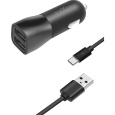 FIXED autonabíječka s 2x USB-A a kabelem USB-C 15 W černá