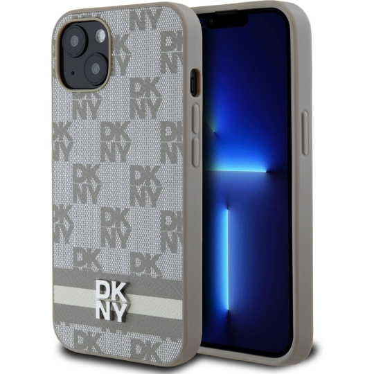 DKNY PU Leather Checkered Pattern and Stripe kryt iPhone 13 béžový